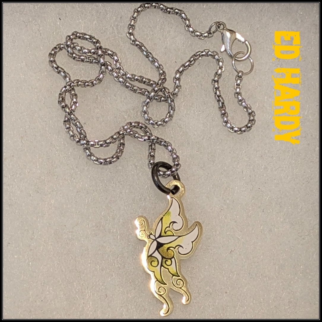 Ed Hardy Gold Butterfly Pendant Necklace Silver Stainless Steel Chain Two Tone